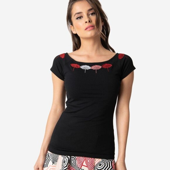 XS/Small NWT Voodoo Vixen Retro Bateau Neck Embroidered Umbrella Top ModCloth - Picture 2 of 6